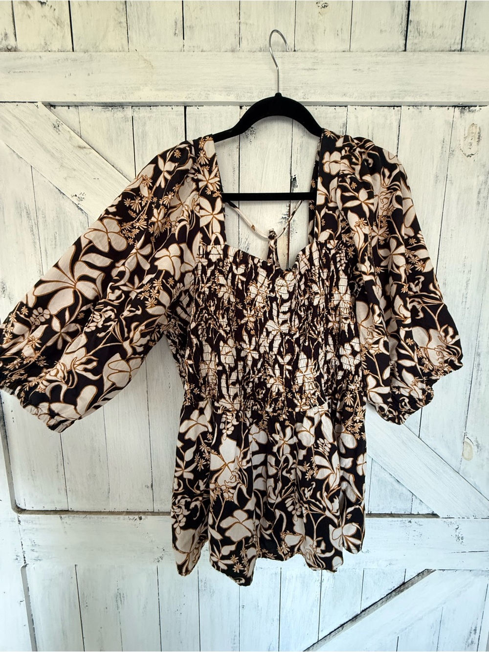 Floral Smocked Peasant Top - Black & Cream